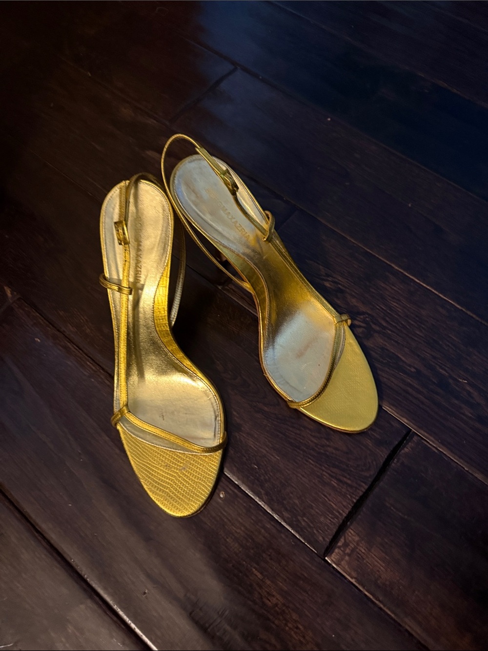 BCBGMAXAZRIA Gold Slingback Stiletto Sandals - Women's Evening Shoes, 391/2 EUC.